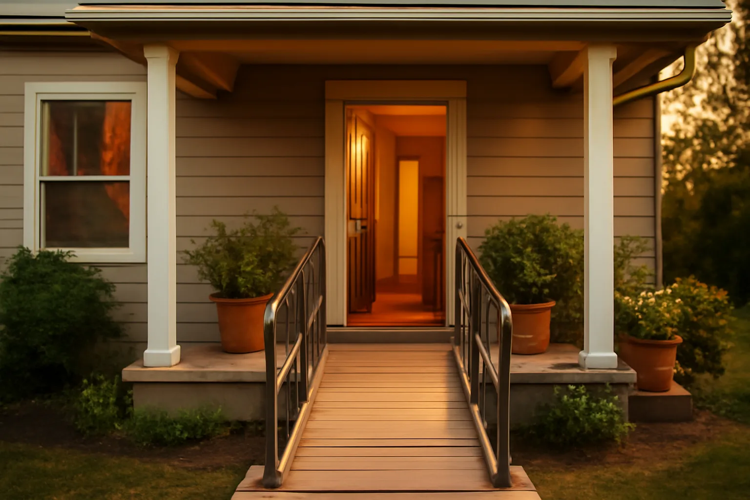 Front porch and ramp entrance of a small licensed group home at dusk