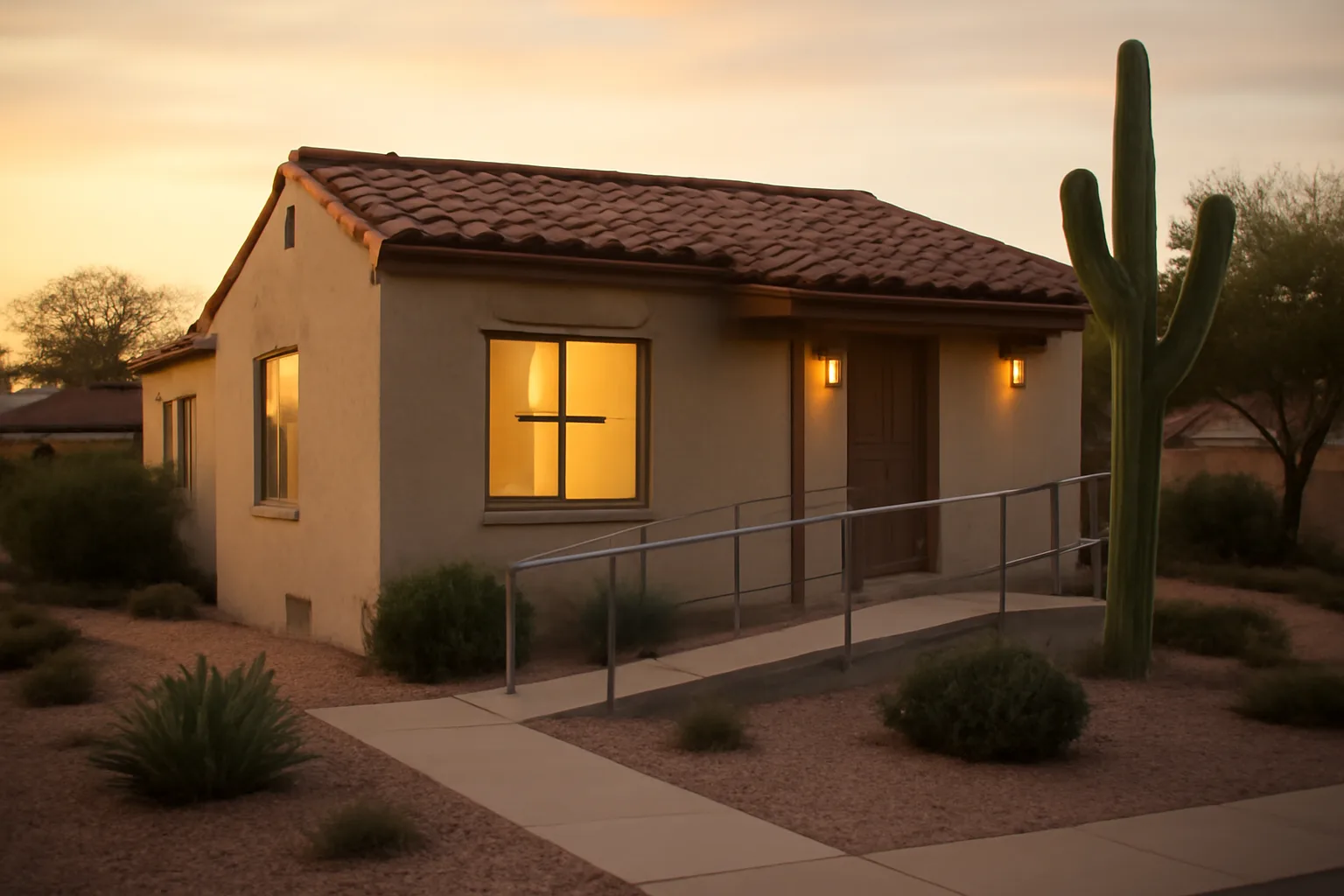 Single-story Arizona home with a wheelchair ramp, representing a licensed group home