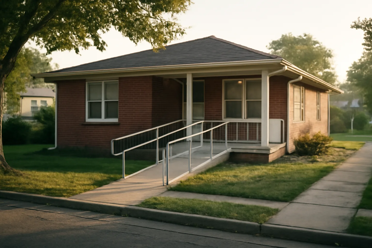 Single-story residential home with wheelchair ramp representing group home licensing in Georgia