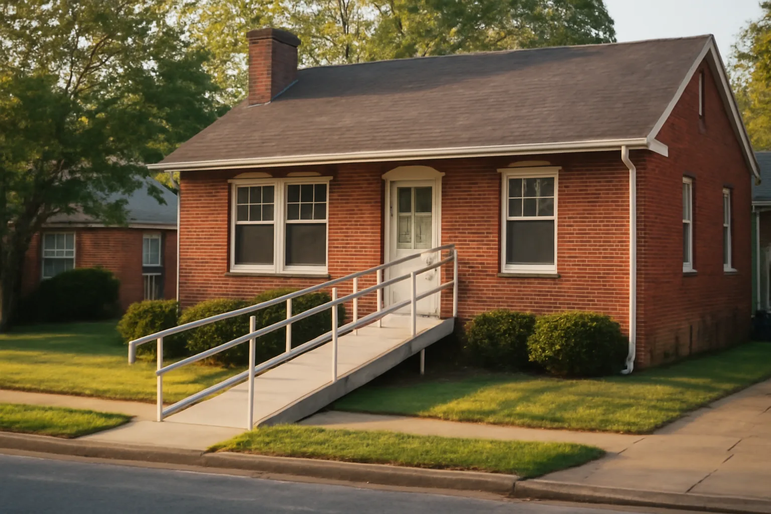 Brick residential group home exterior with wheelchair ramp in morning light