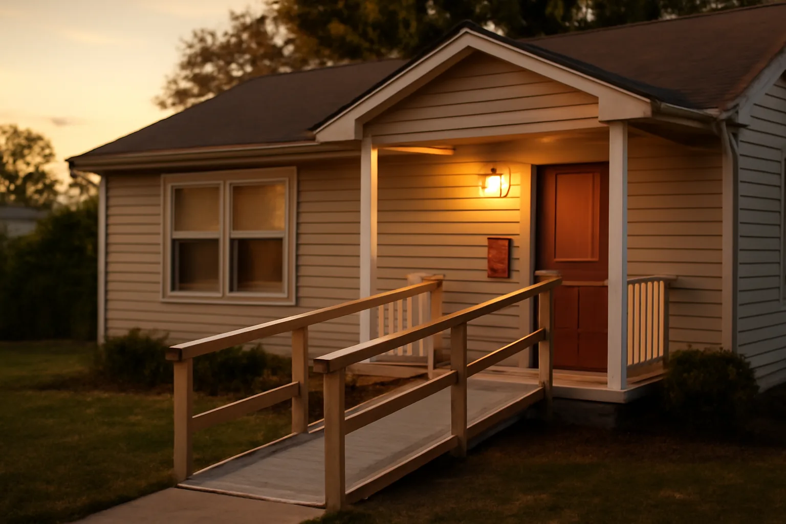 Residential group home exterior with wheelchair ramp at golden hour