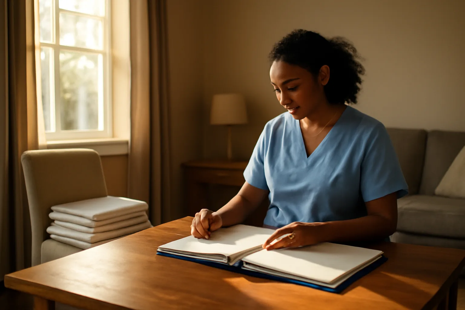 Caregiver reviewing paperwork in a sunlit residential room set up as a group home