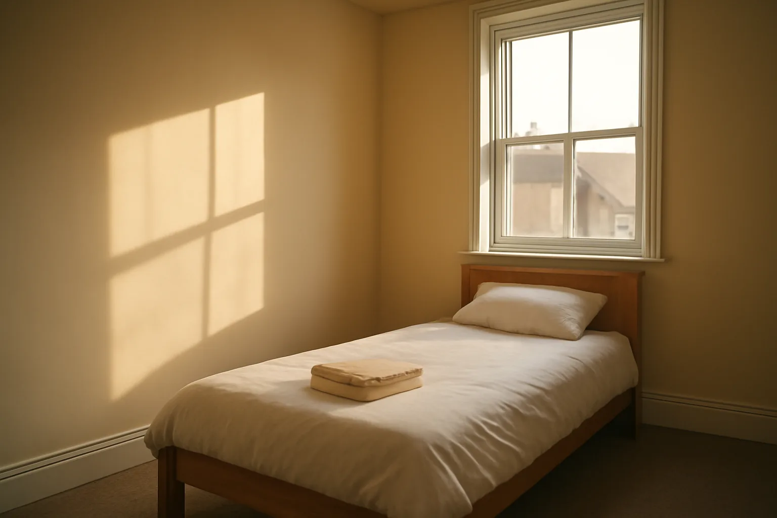 Sunlit empty bedroom prepared for licensing inspection in a converted group home