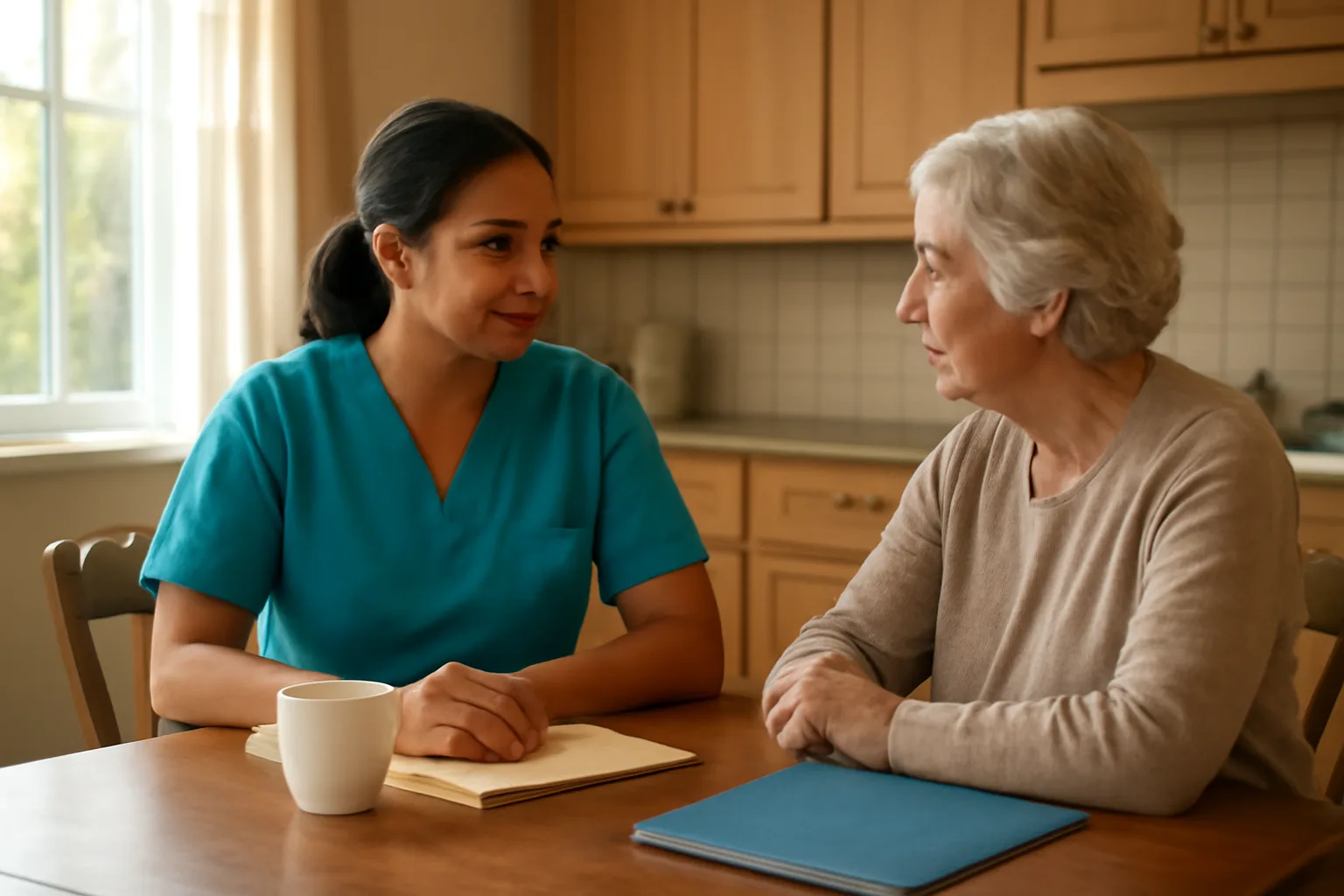 Caregiver and resident sitting together at a kitchen table in a group home