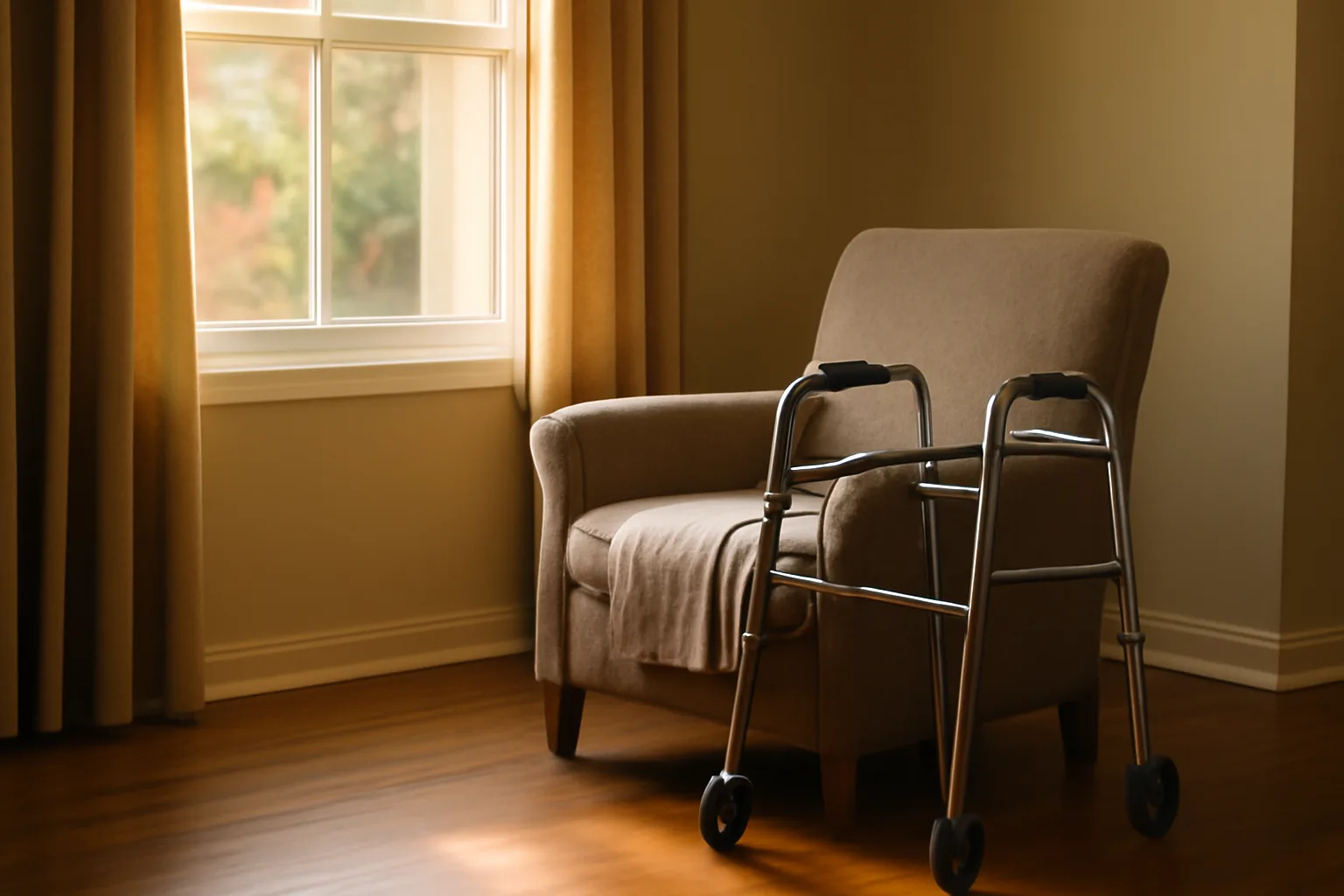 Sunlit living room in a small residential assisted living home with an empty armchair and walker