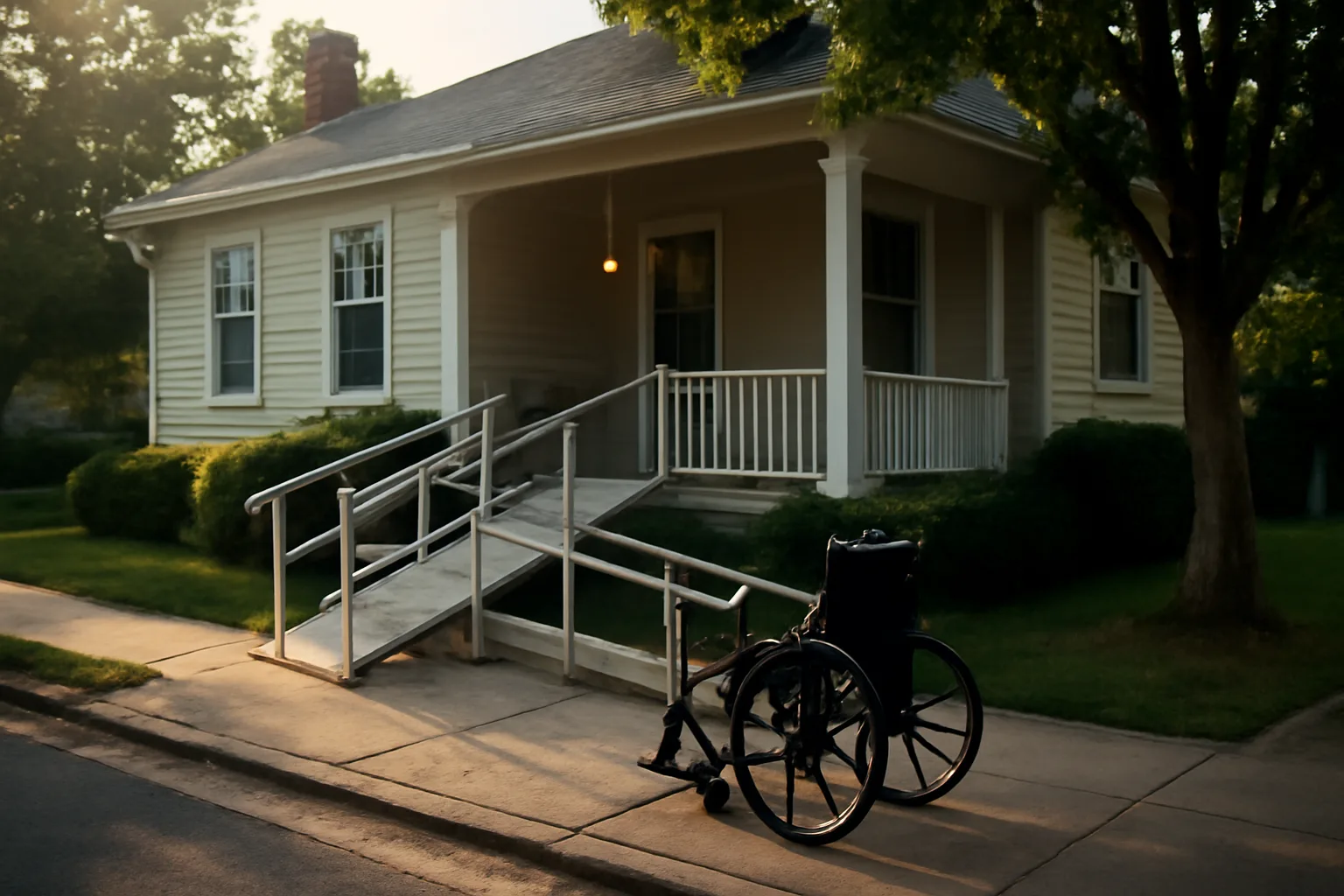 Suburban house with wheelchair ramp used for residential assisted living, morning light