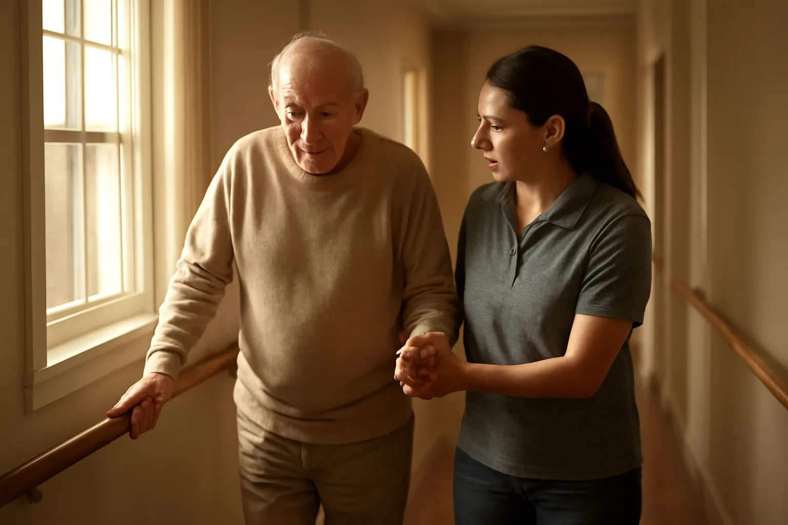 Caregiver assisting an older adult in a converted residential care home hallway
