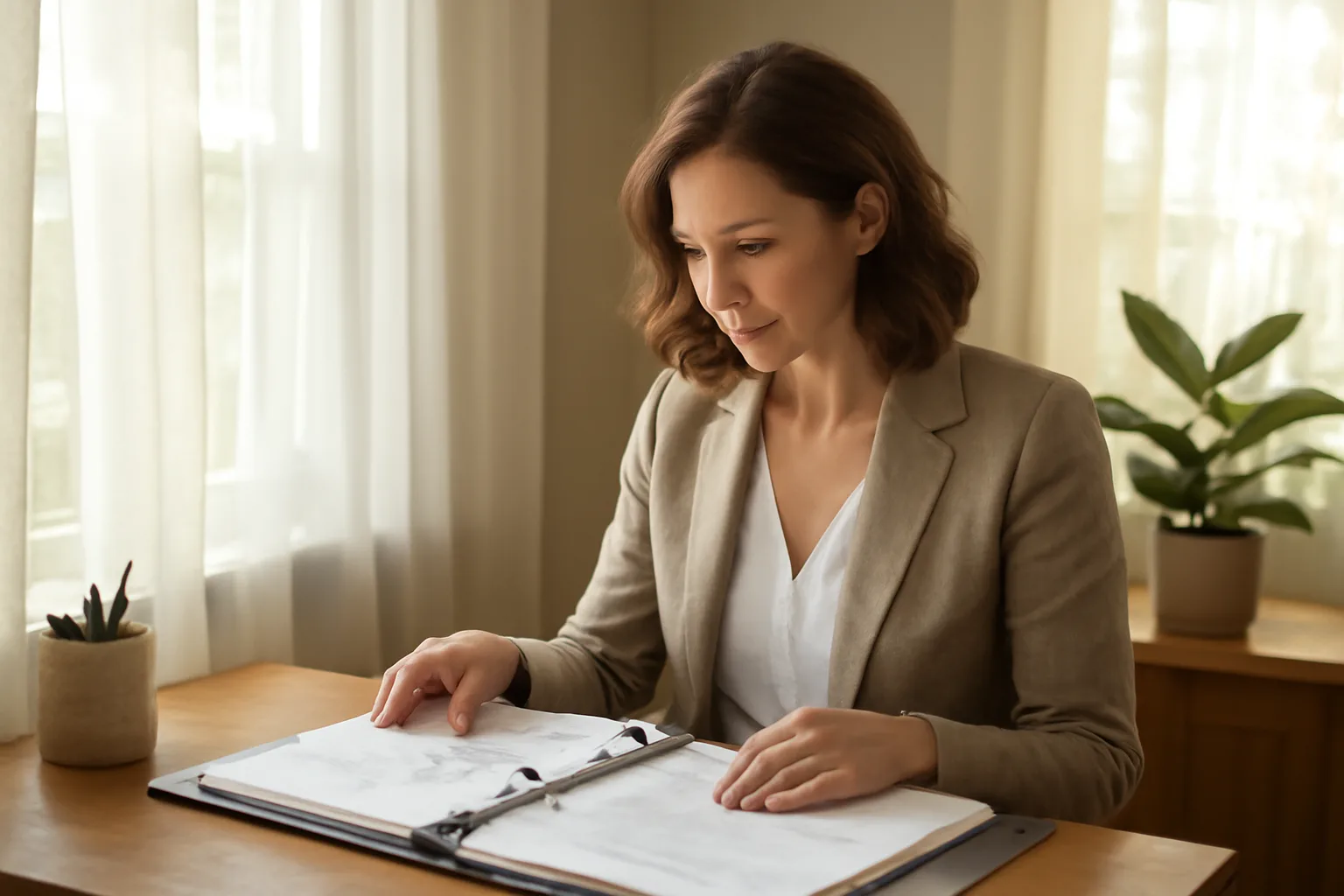 Administrator reviewing resident care records inside a licensed assisted living home office