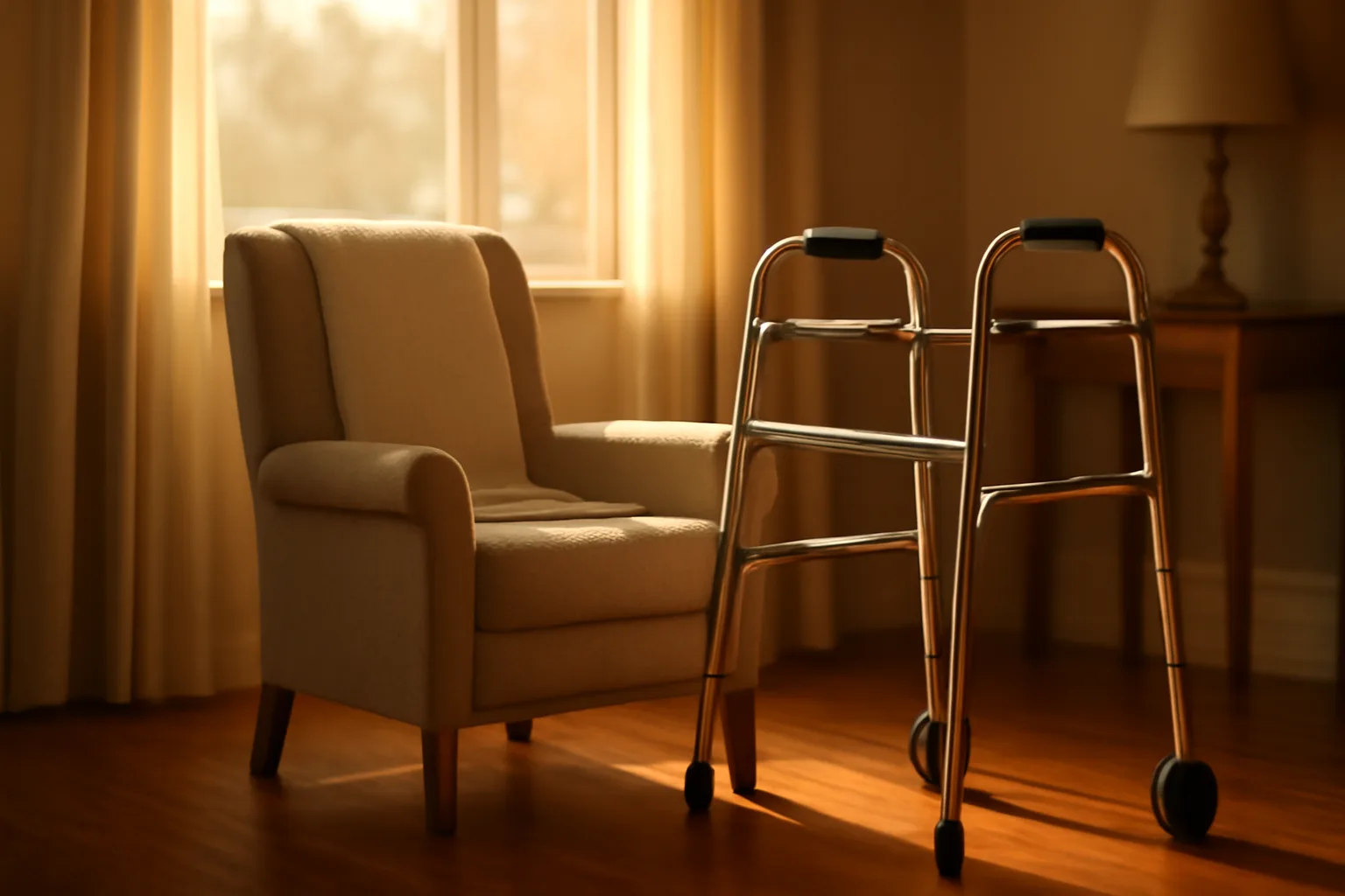 Sunlit living room in a residential assisted living home with an empty armchair and walker