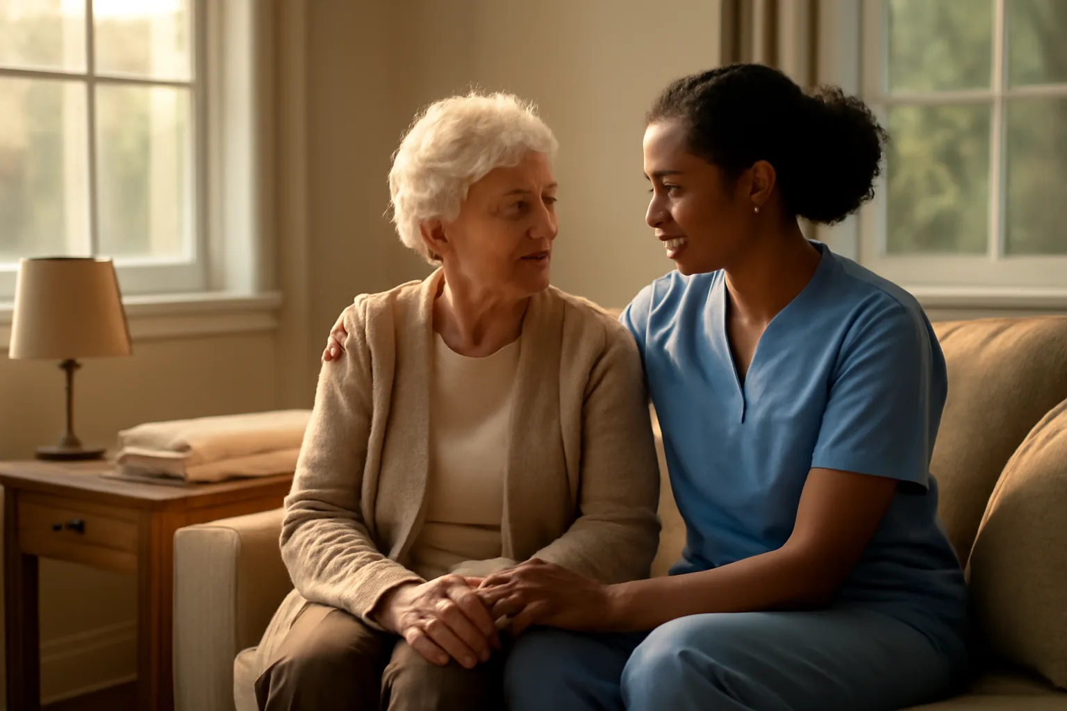Caregiver and senior resident sitting together in a converted residential assisted living home living room