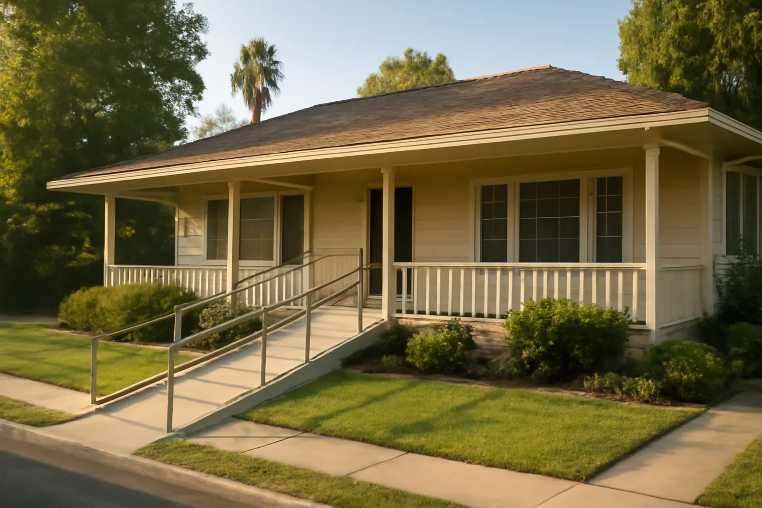 California ranch home converted for residential assisted living with wheelchair ramp