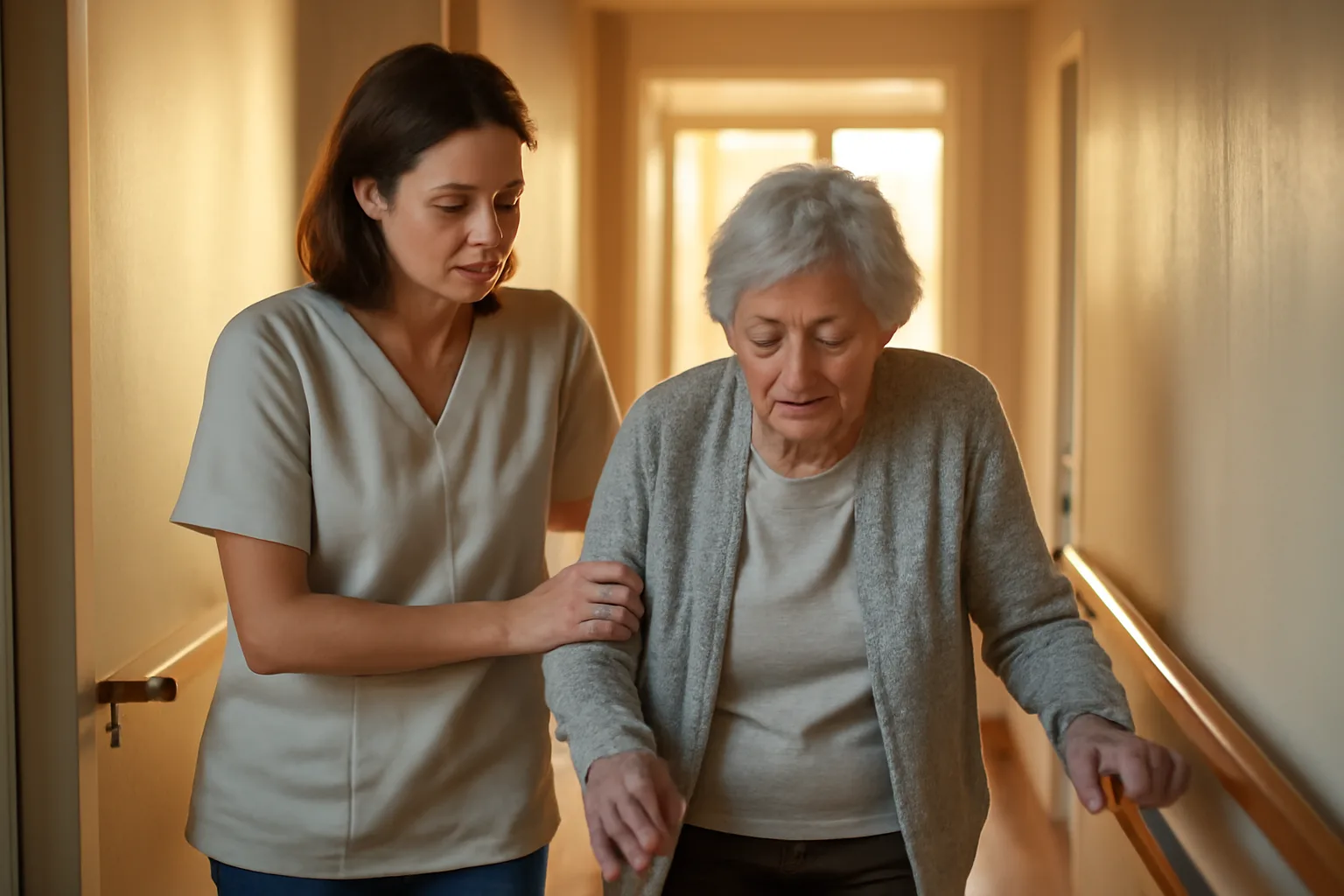 Caregiver assisting an older adult in a hallway of a residential assisted living community