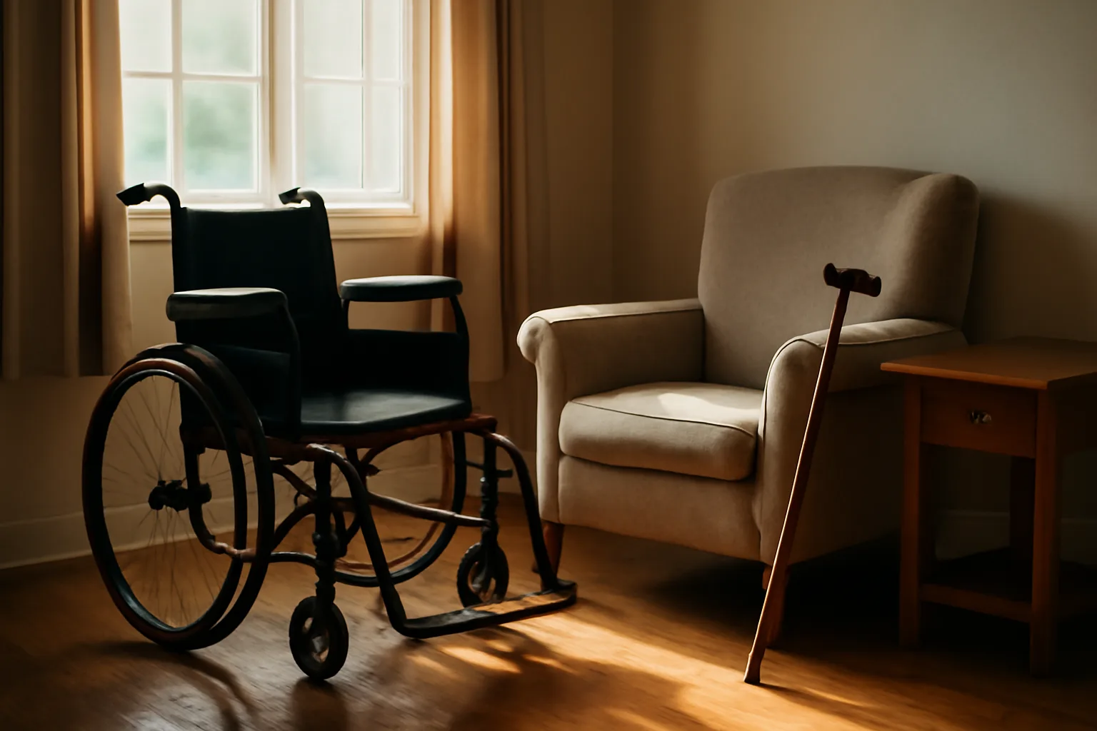Sunlit residential living room set up for assisted living care with wheelchair and cane