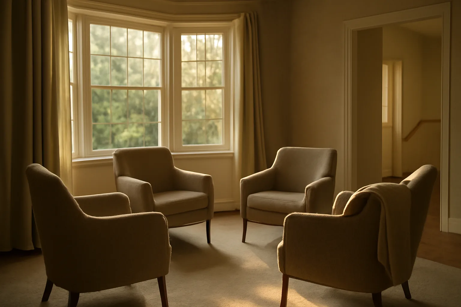 Sunlit living room in a residential assisted living facility with empty chairs and handrail hallway