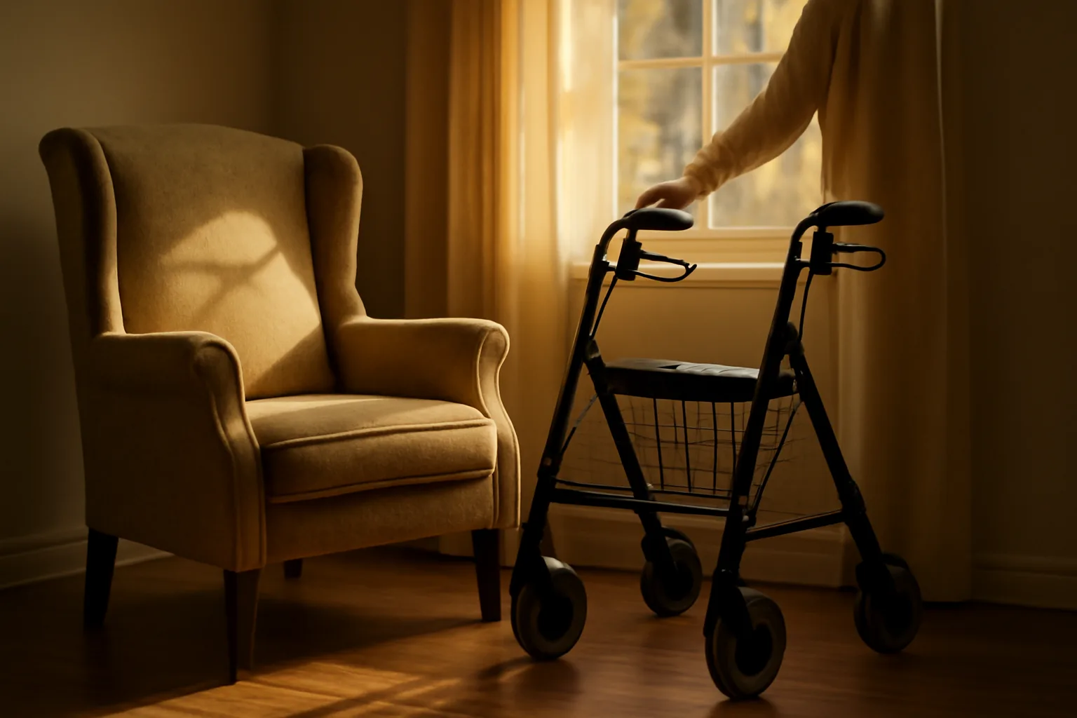 Sunlit living room in a residential assisted living home with a walker beside an armchair