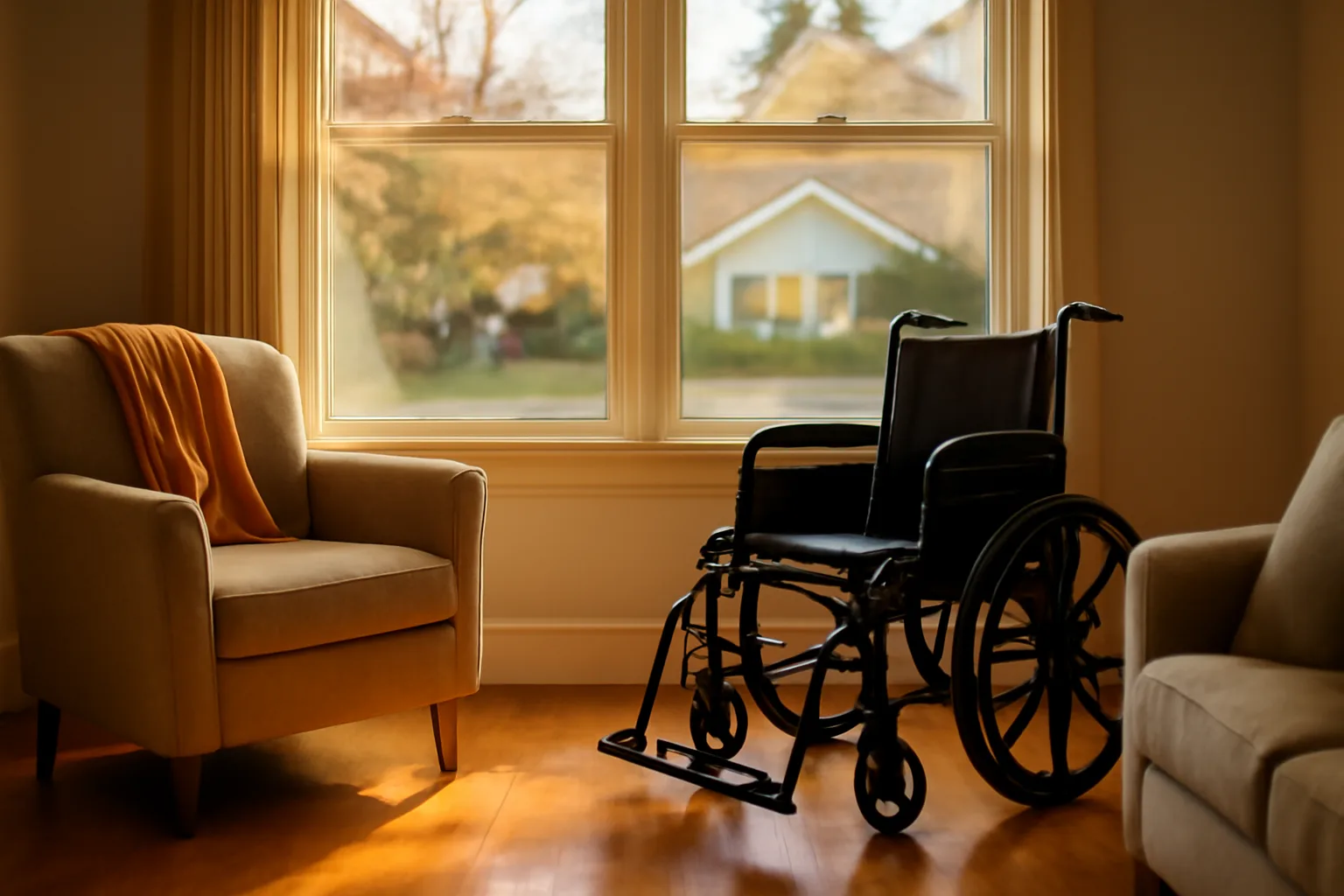 Sunlit living room in a residential assisted living facility set inside a converted house