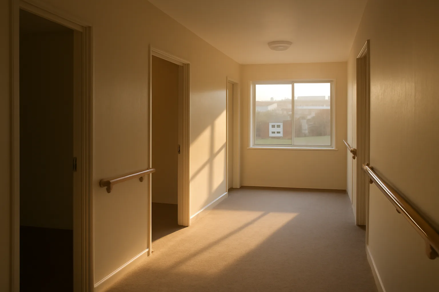 Empty residential care home hallway with handrails, a residential assisted living facility for sale