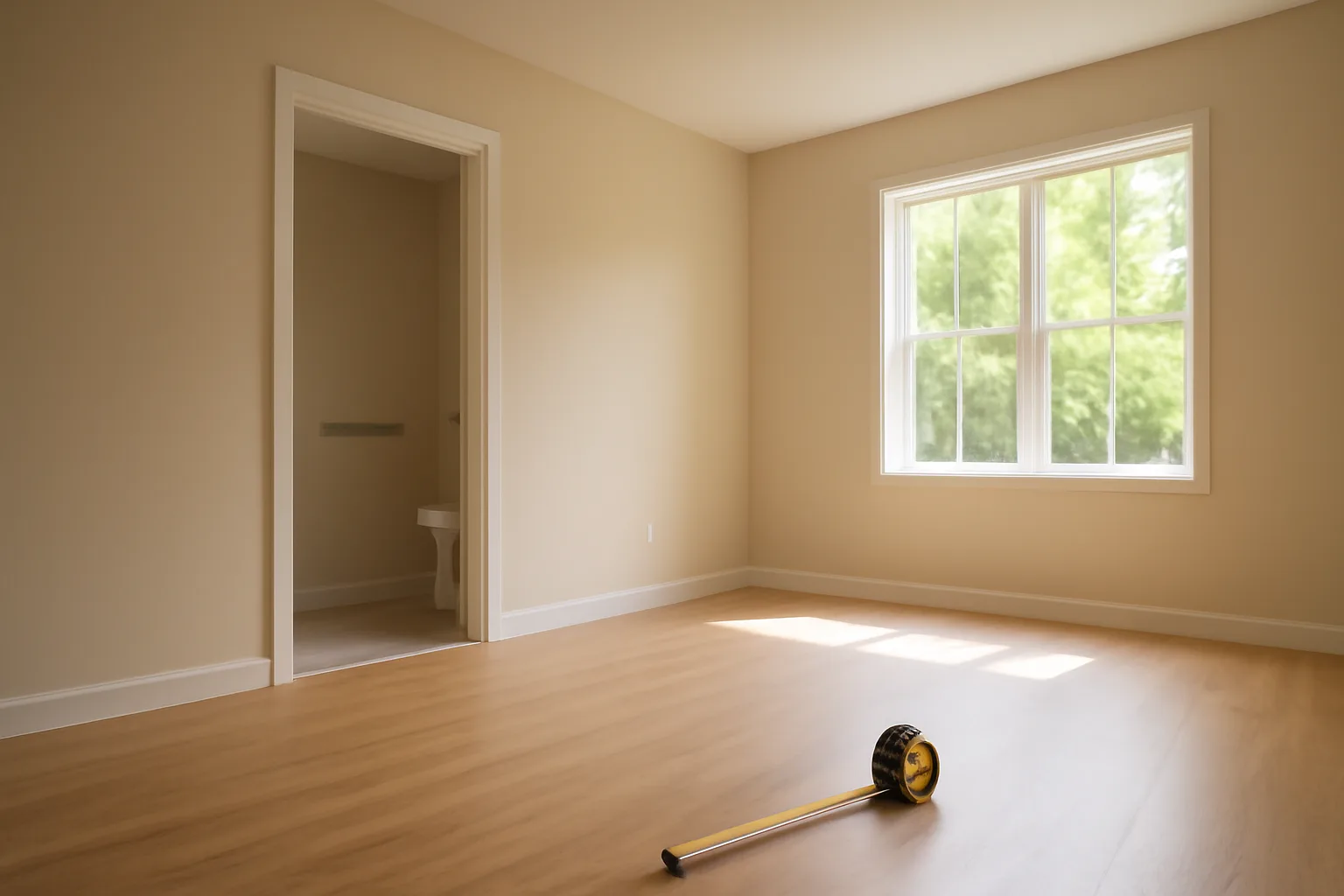 Empty bedroom mid-renovation for a residential assisted living floor plan with visible tape measure