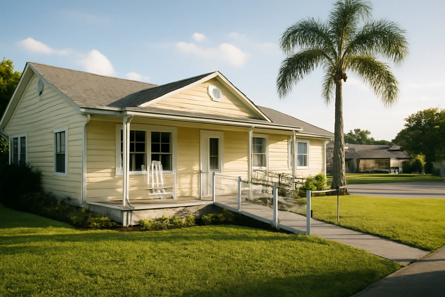 Single-story Florida home with wheelchair ramp and front porch, typical residential assisted living property