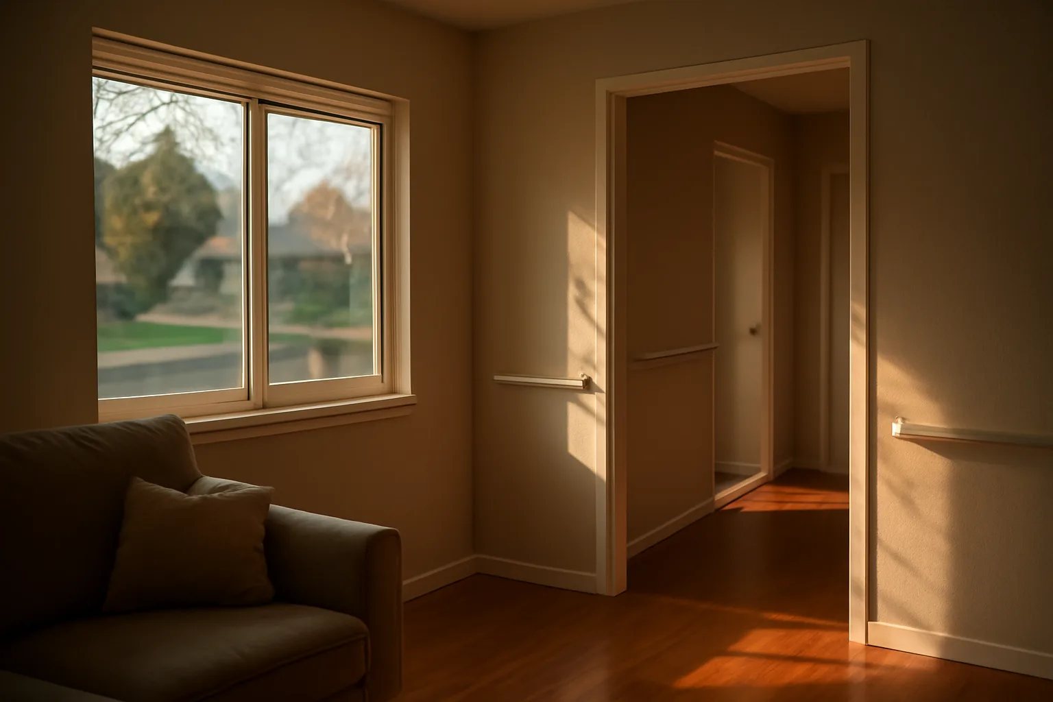 Empty hallway with grab bars in a residential assisted living home for sale