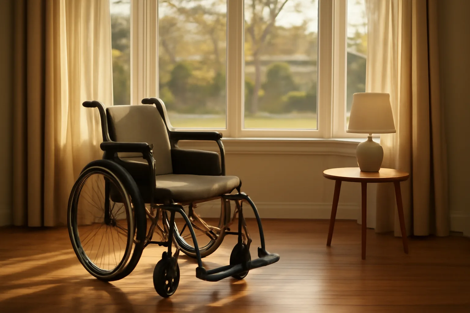 Sunlit living room in a converted residential assisted living franchise home with an empty armchair