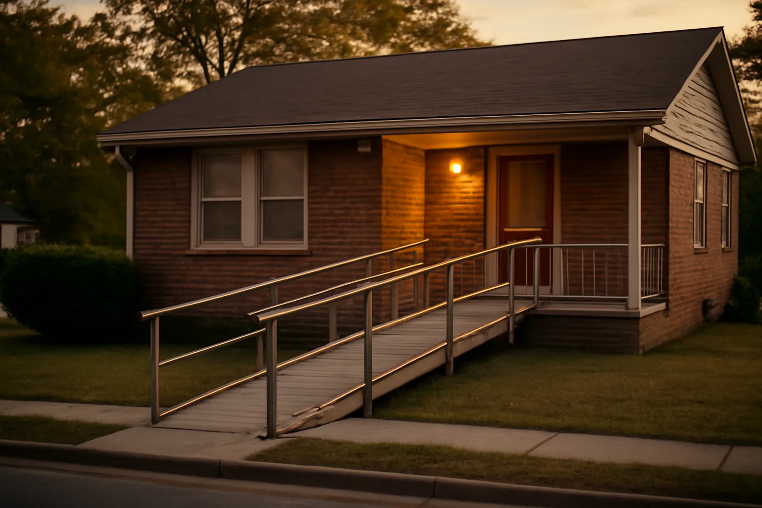 Suburban brick home with wheelchair ramp representing residential assisted living in Gallatin Tennessee