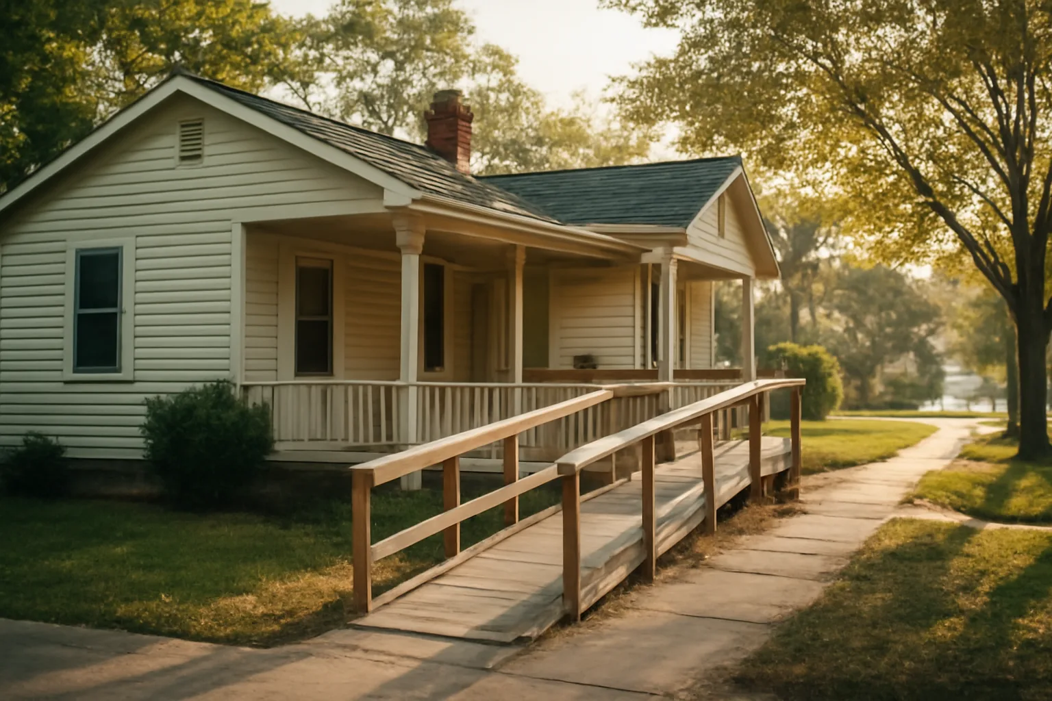 Small residential home with wheelchair ramp representing residential assisted living in Gallatin