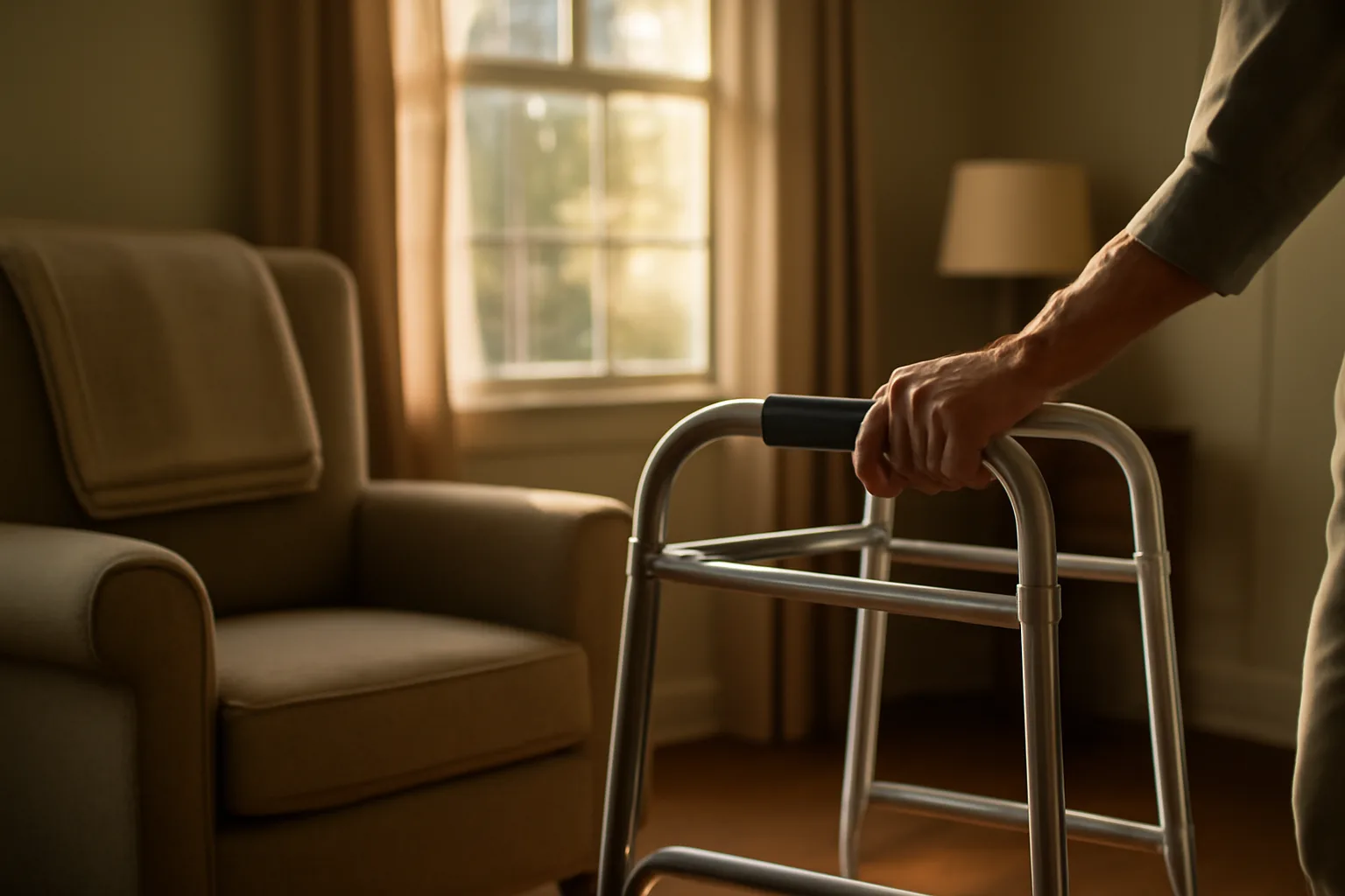 Living room in a residential assisted living home with armchair, walker, and warm afternoon light