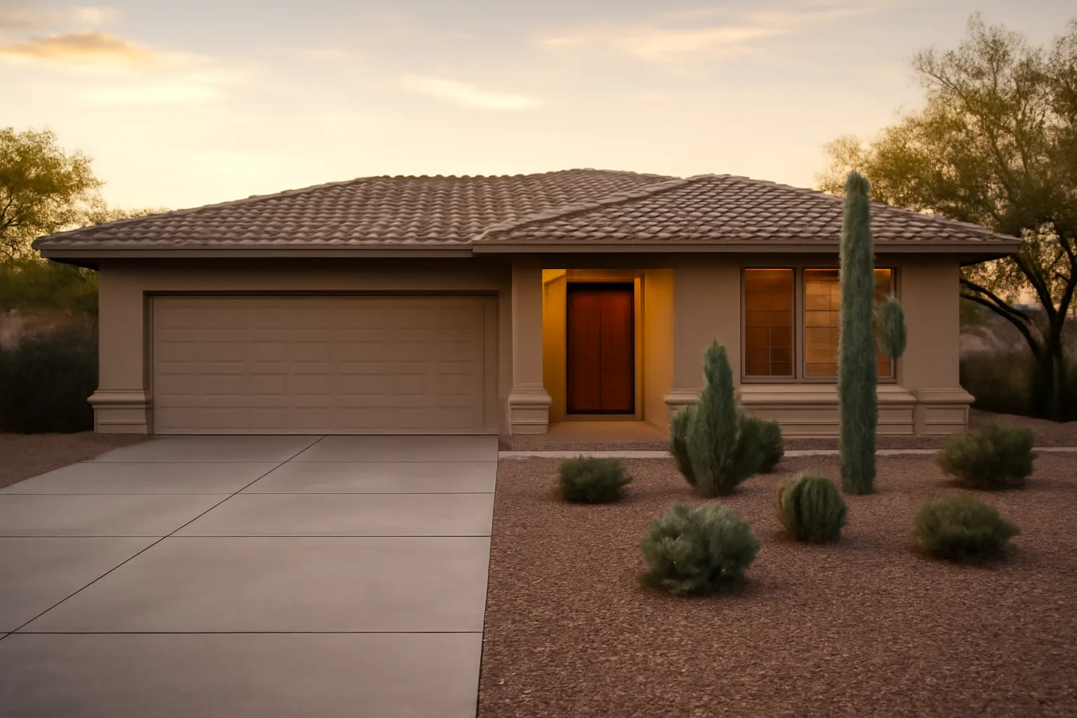 Desert suburban ranch house exterior representing a residential assisted living home for sale in Arizona