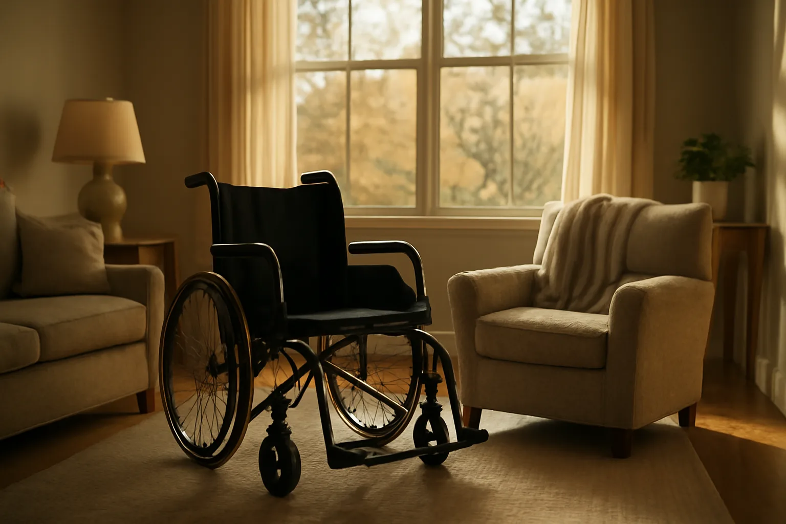Sunlit living room in a residential assisted living home with an accessible armchair