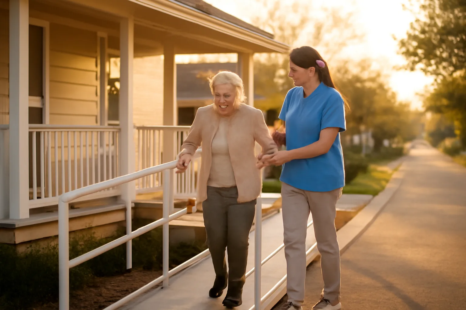 Caregiver assisting a resident down a ramp outside a residential assisted living home