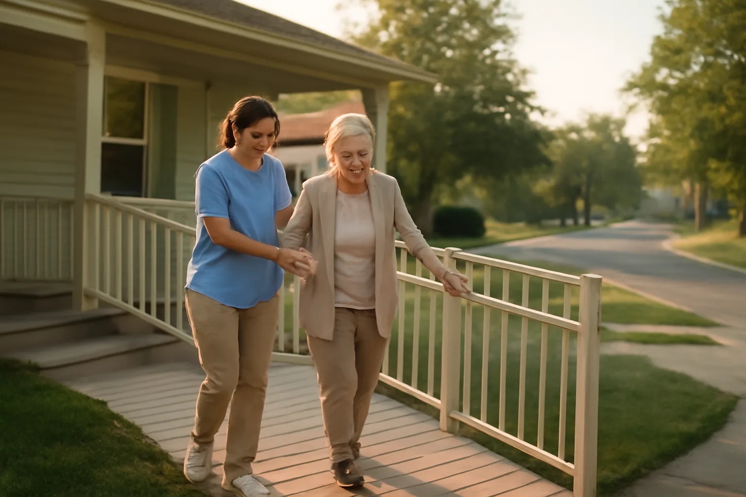 Caregiver helping older adult down ramp at a residential assisted living home