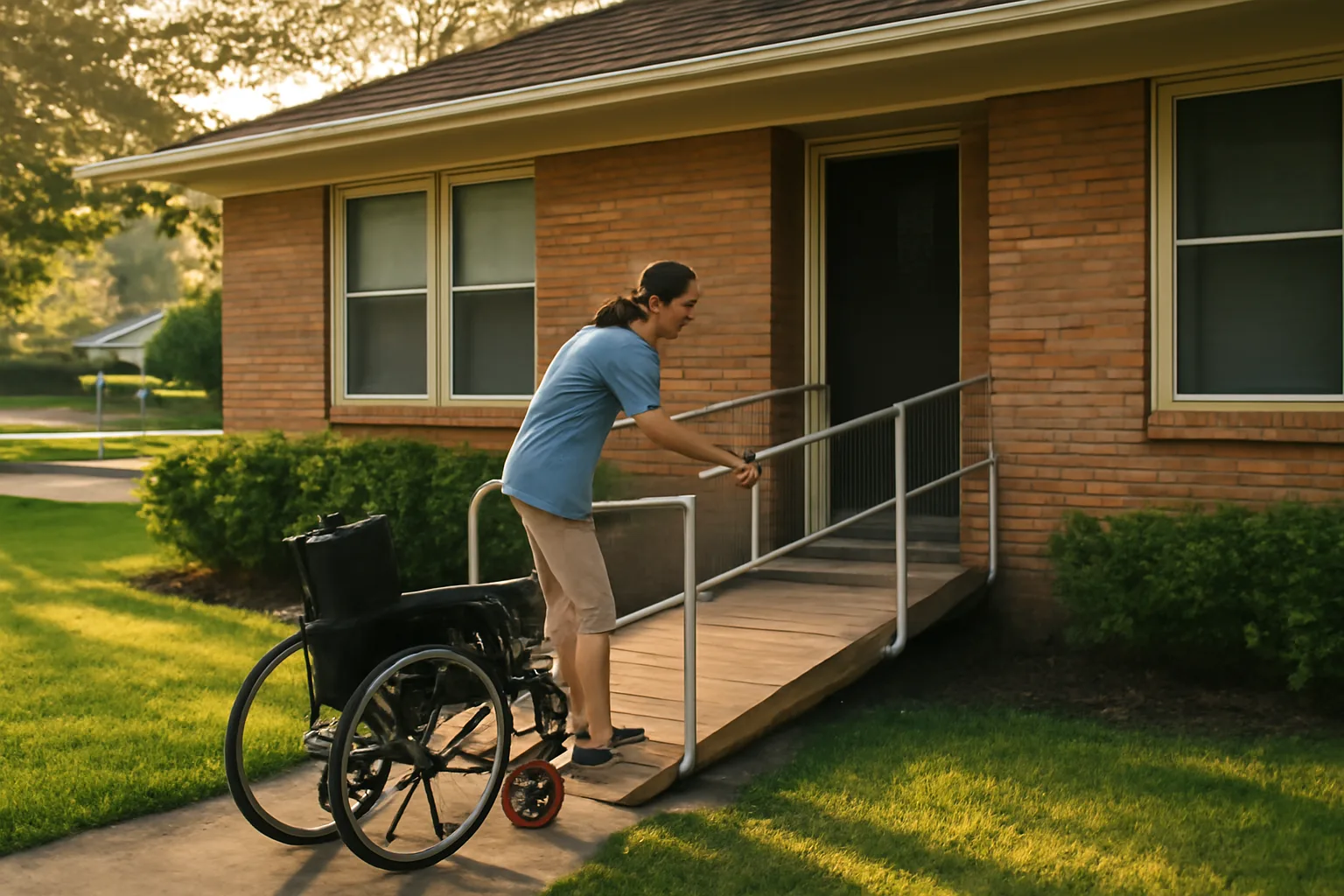 Caregiver at the ramp entrance of a residential assisted living home in a Houston neighborhood