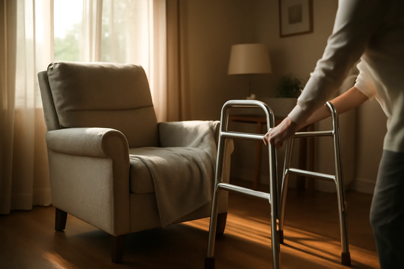 Caregiver adjusting a blanket in a sunlit residential assisted living home in Virginia