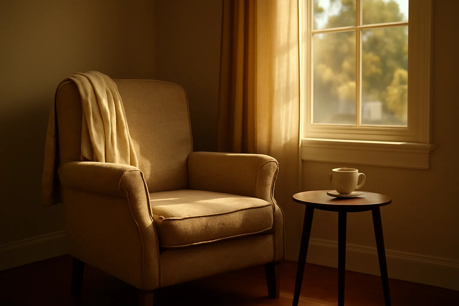 Sunlit living room in a residential assisted living home with an empty chair and cardigan
