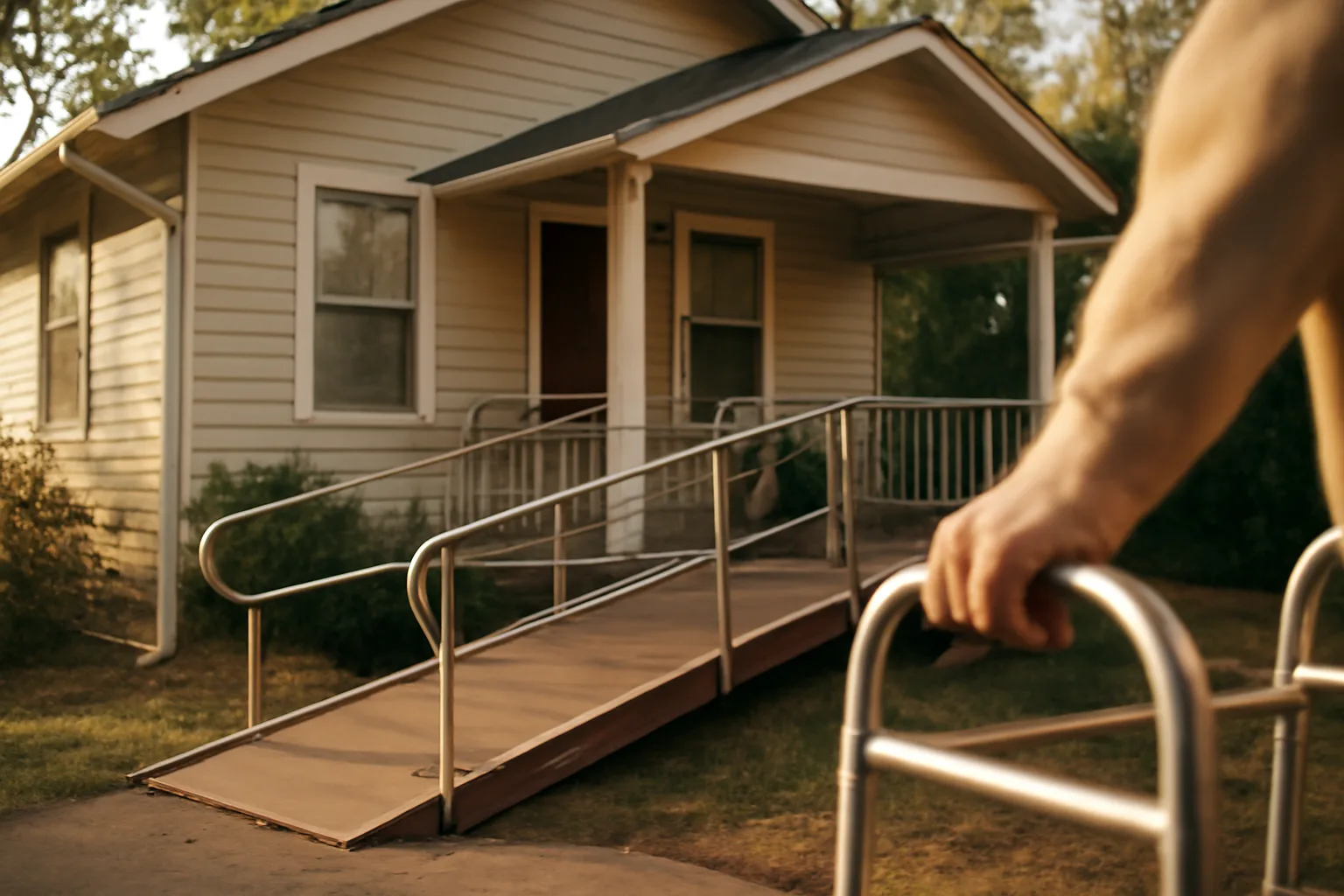Residential home with wheelchair ramp representing a residential assisted living license setting