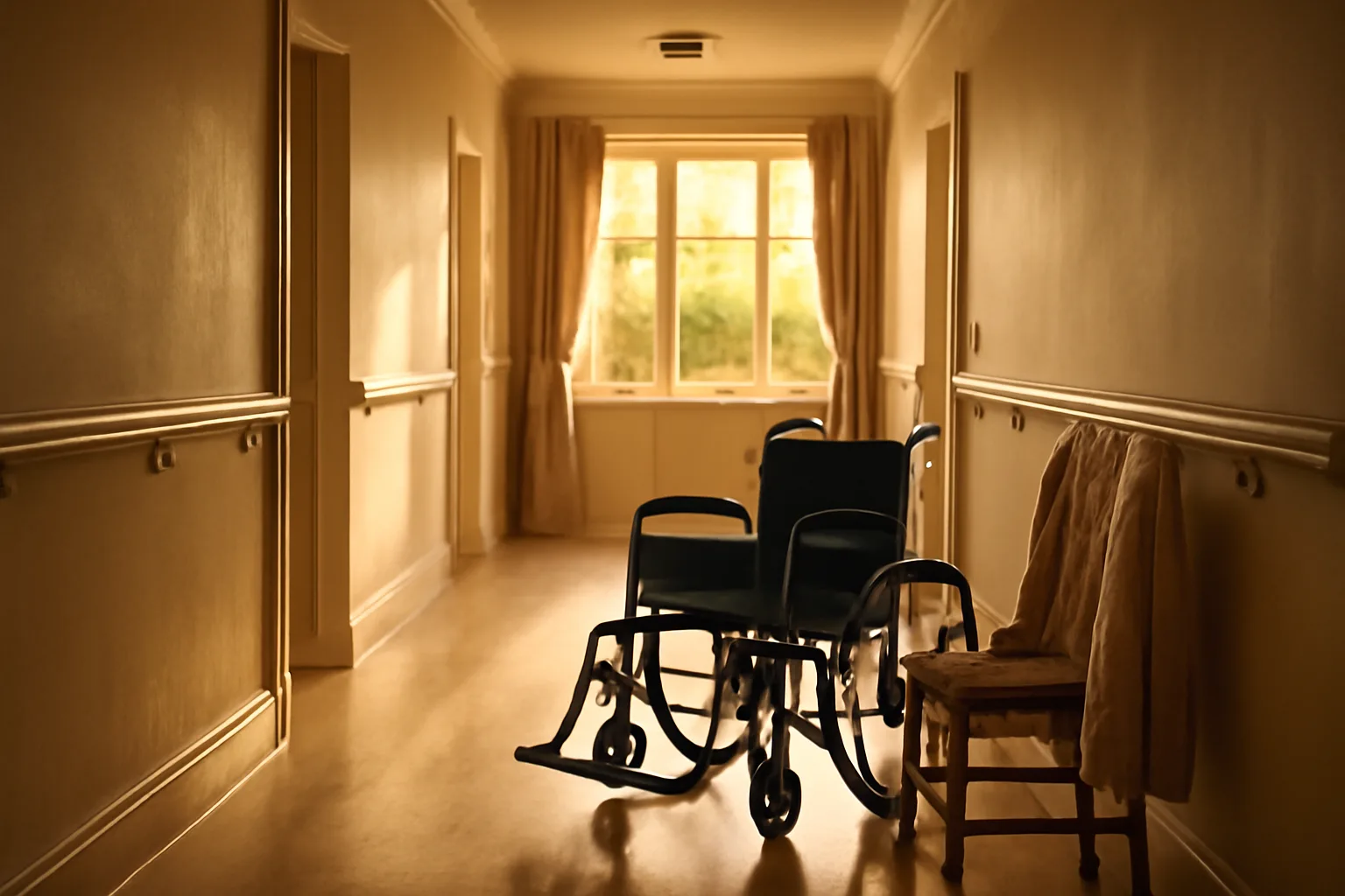 Sunlit hallway with handrails inside a residential assisted living home in Maryland