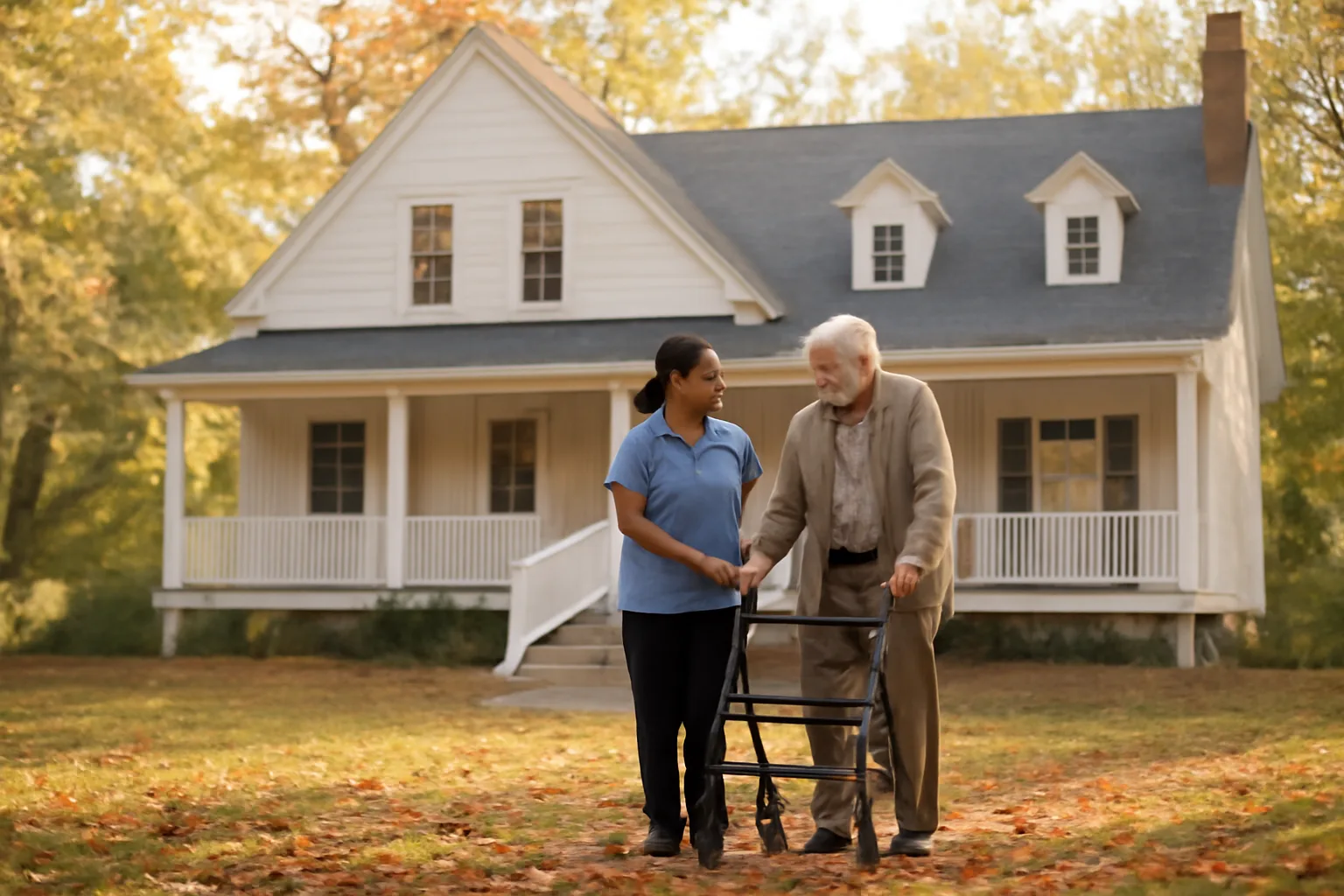 Caregiver and older adult walking outside a residential assisted living home in Massachusetts