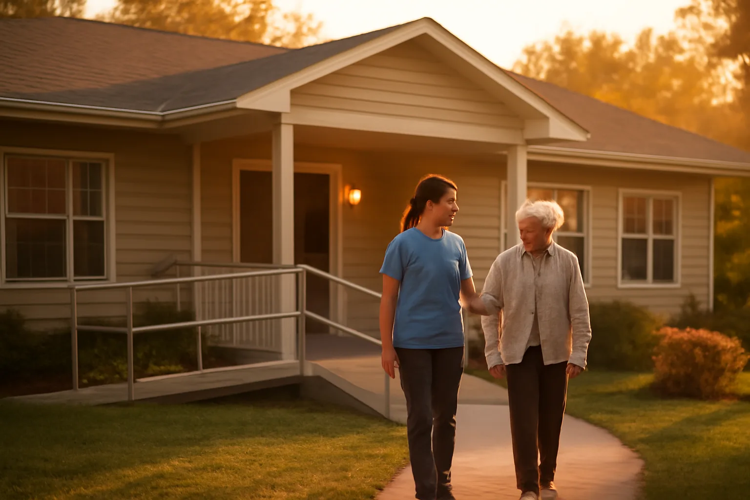 Caregiver walking with an elderly resident outside a residential assisted living home at golden hour