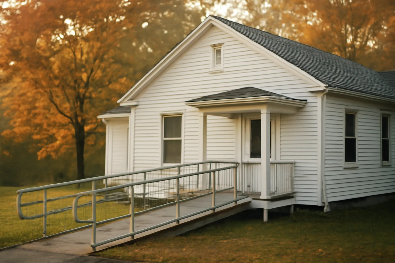 New England style residential assisted living home exterior with wheelchair ramp