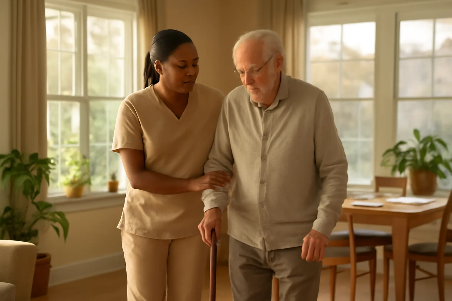 Caregiver assisting an older adult in a sunny Oklahoma residential assisted living home