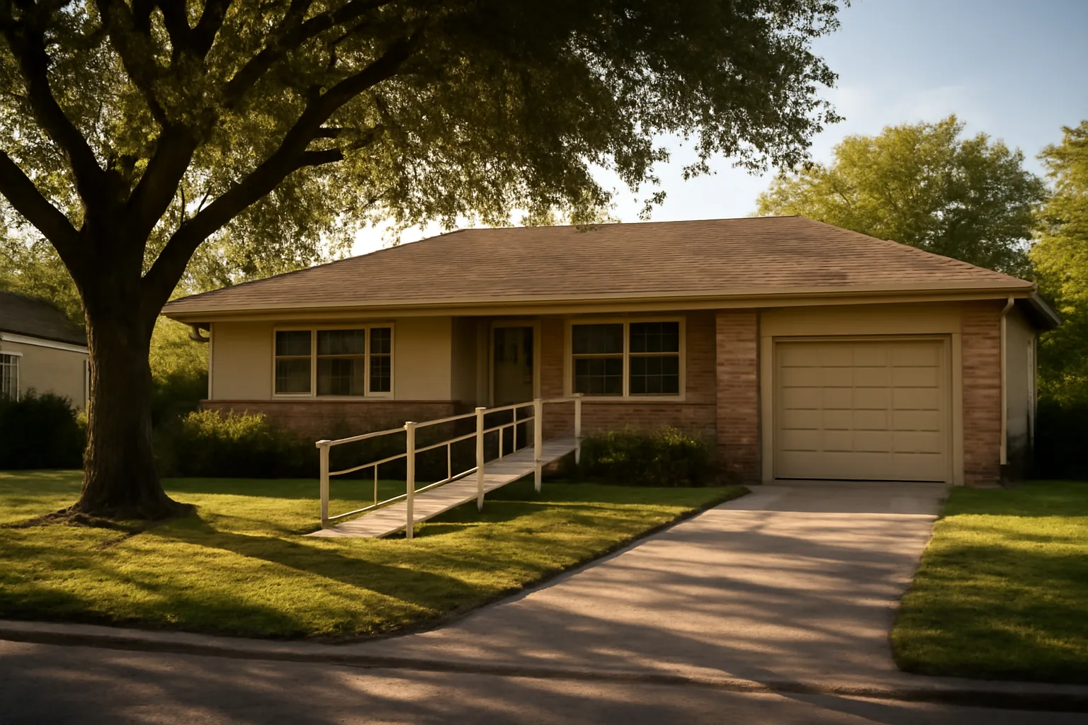 Single-family ranch house with wheelchair ramp used for residential assisted living real estate