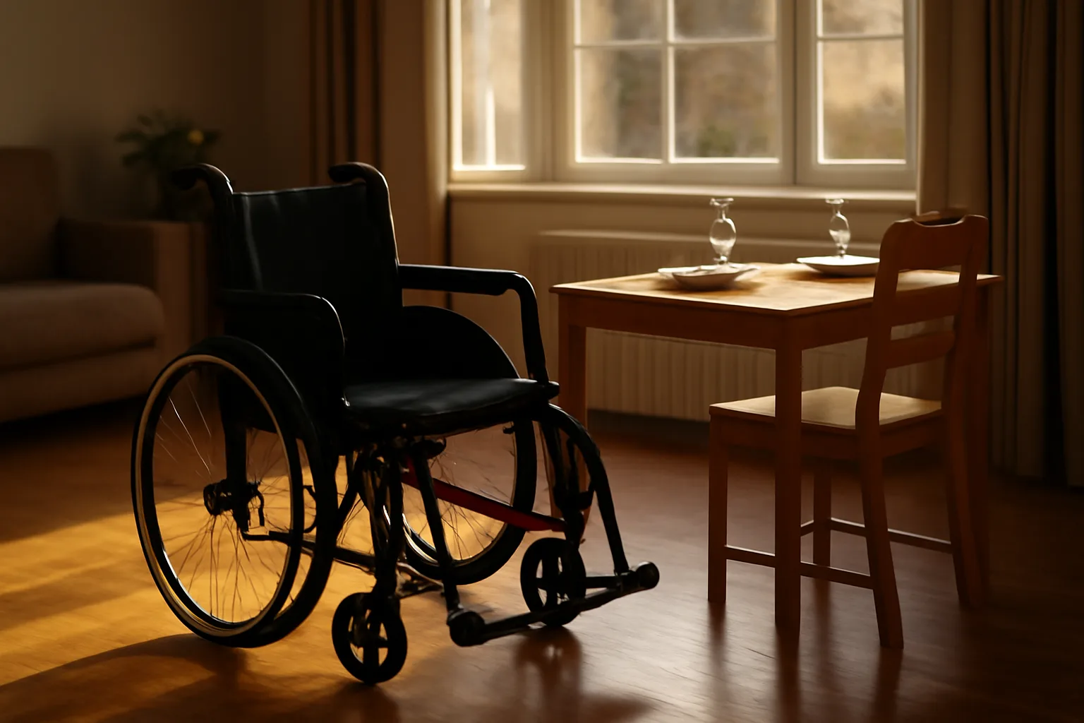 Sunlit common room in a residential assisted living home with an accessible armchair