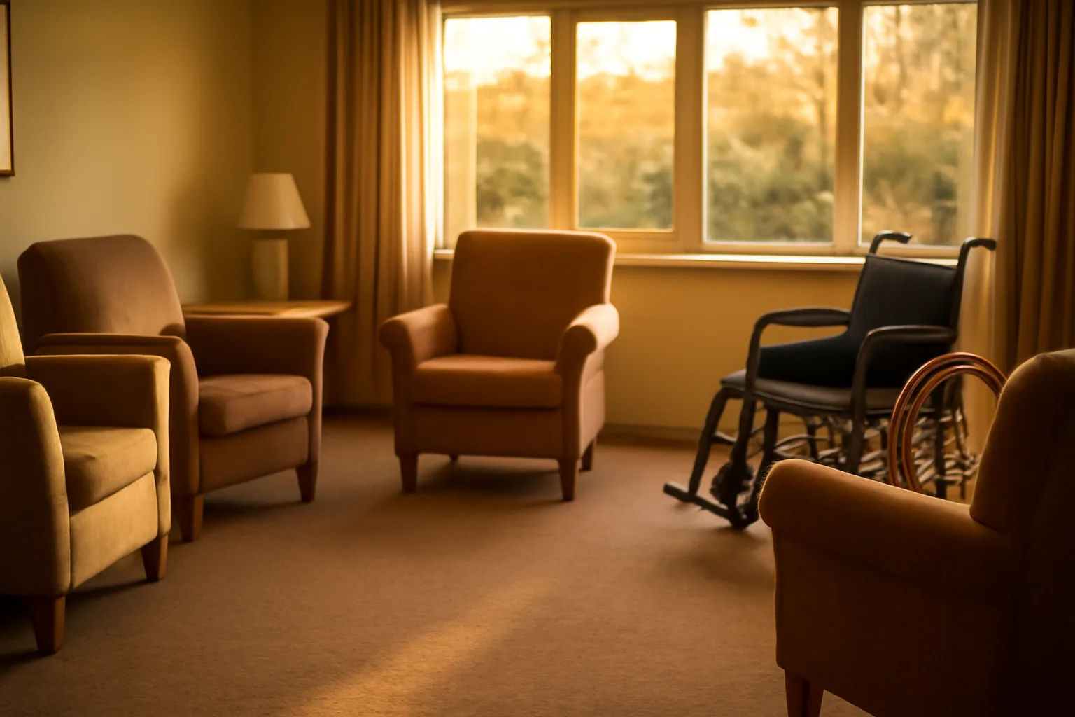 Sunlit living room in a Sarasota residential assisted living home with empty armchairs