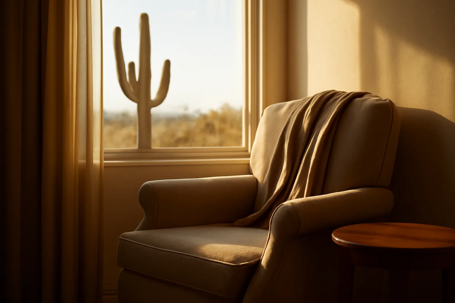 Sunlit living room in a Tucson residential assisted living home with desert view