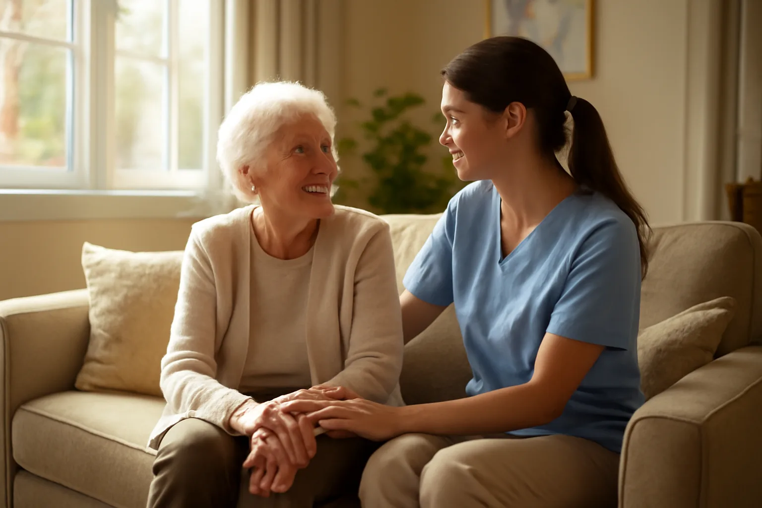 Caregiver and elderly resident sitting together in a residential assisted living home living room