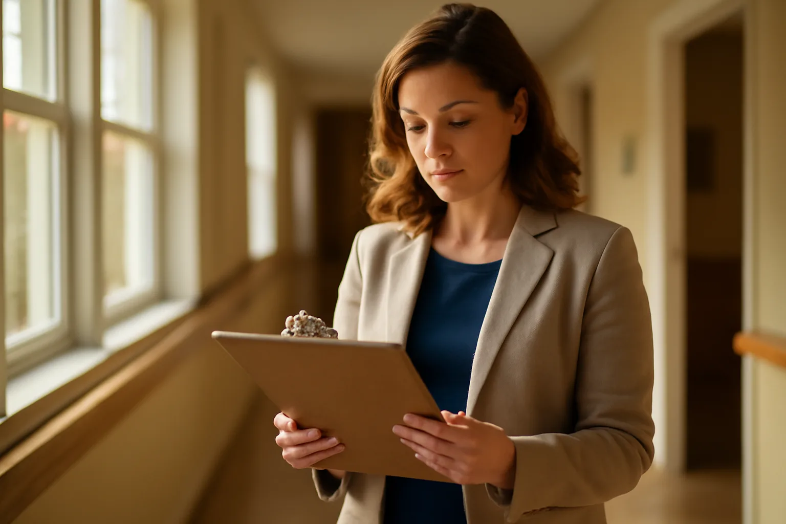Administrator reviewing paperwork in a licensed residential care home hallway