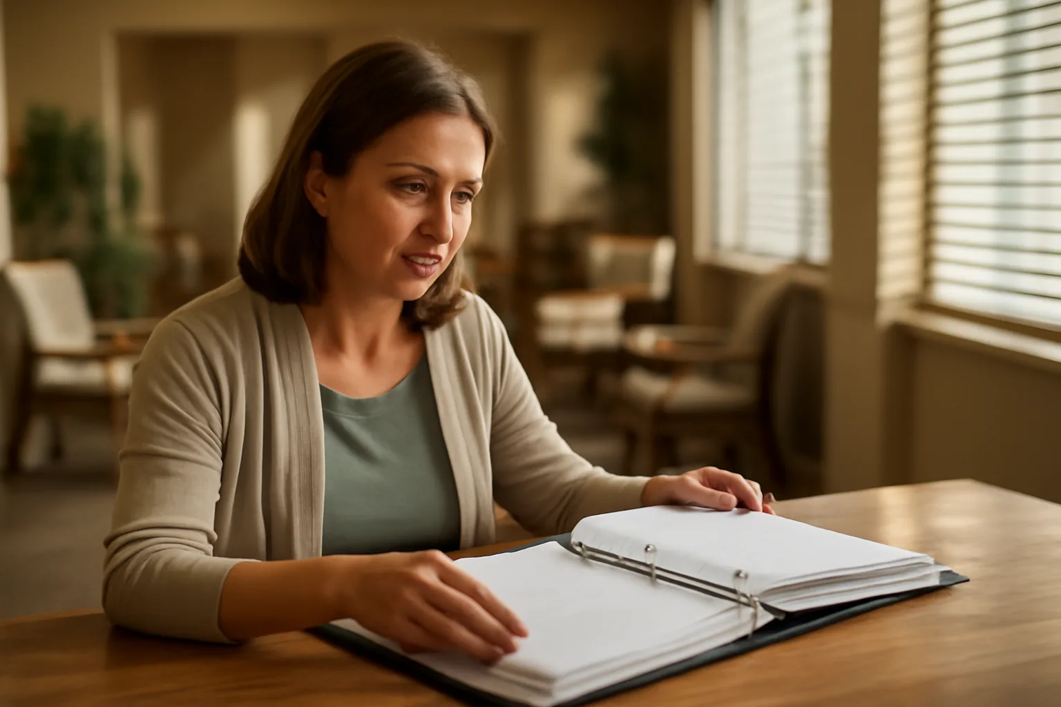 Administrator reviewing care records in a sunlit assisted living facility office