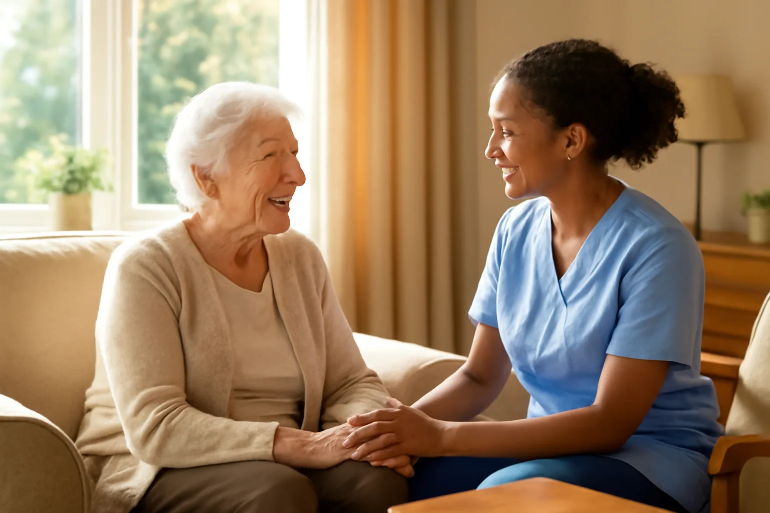 Caregiver and resident in a licensed residential care assisted living home living room