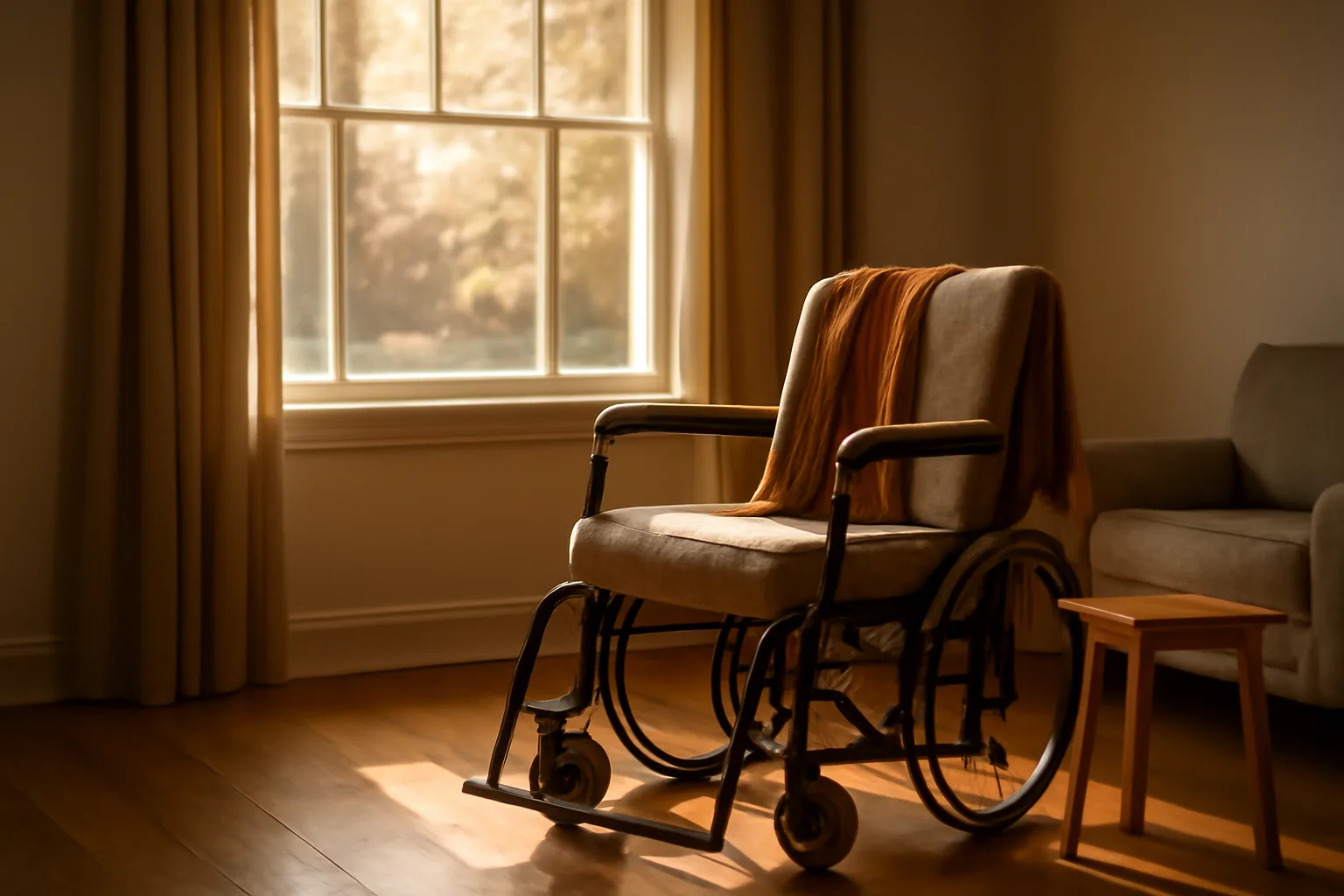 Sunlit common room in a licensed residential care home for the elderly